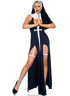 Nonne, kostyme-kjole, høy spalte, dyp utringning, kors, innbygd strømpebåndsstropp